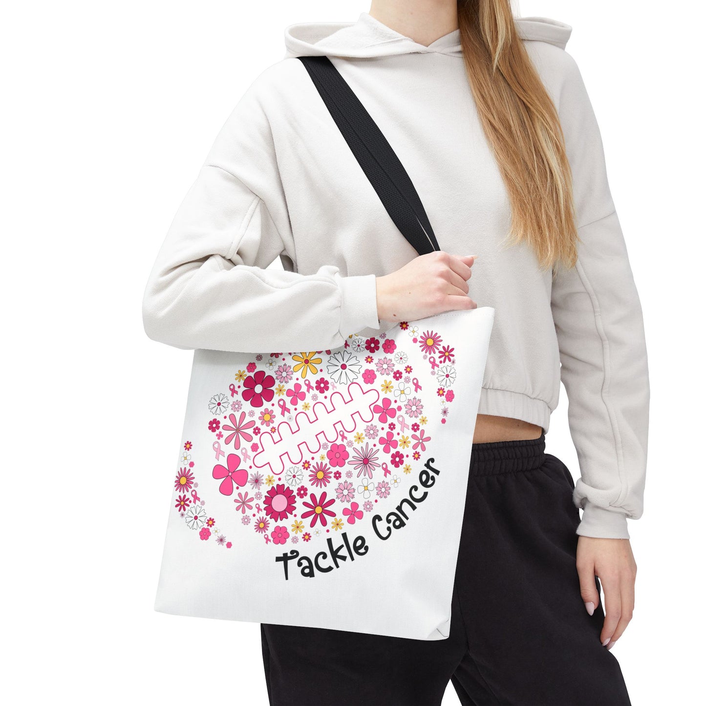 🌸 Pink Floral Football Tote Bag – Game Day Meets Breast Cancer Awareness 🎀👜