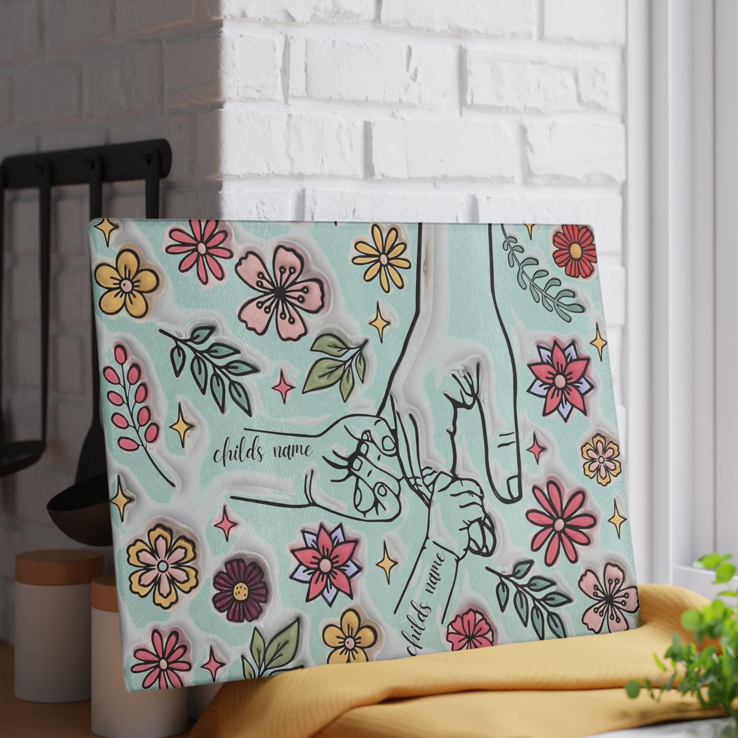 Tabla de cortar de vidrio templado personalizada con las manos de la madre | Arte floral 3D | Nombres personalizados para niños | Regalo para el Día de la Madre