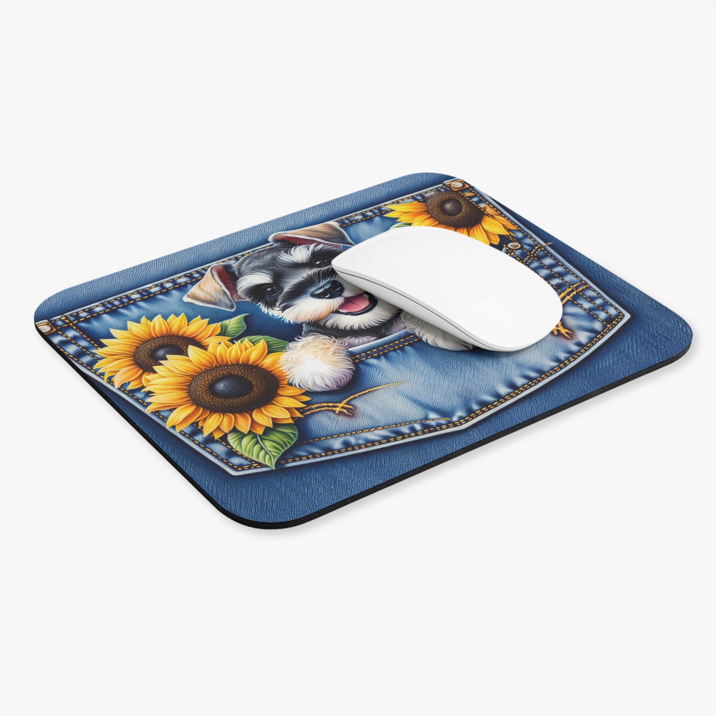 🖱️🐾🌻 Schnauzer Mouse Pad – Denim Pocket Pup with Sunflowers