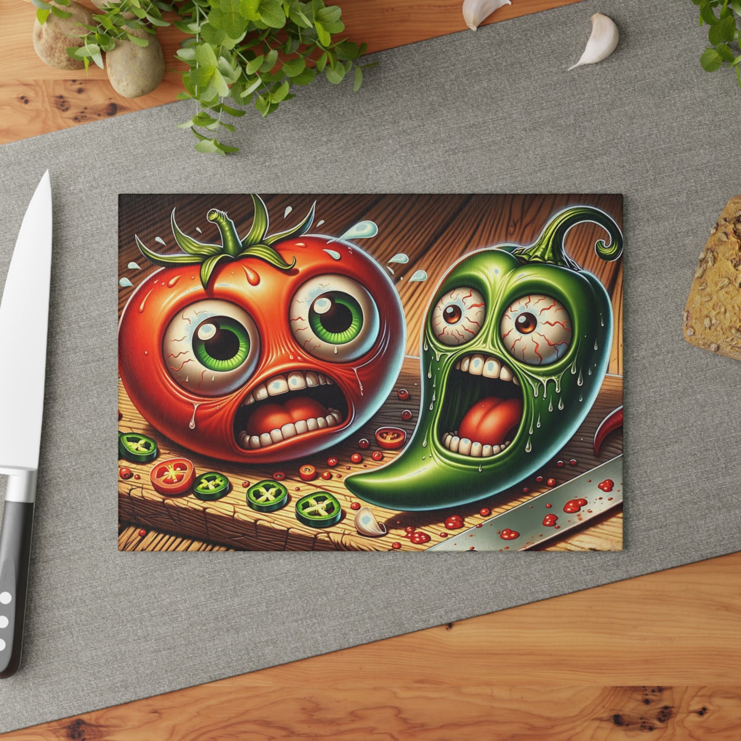 🌶️🍅 “Spicy Sidekick: Tomato & Pepper Panic” Glass Cutting Board – Laugh-Out-Loud Kitchen Vibes