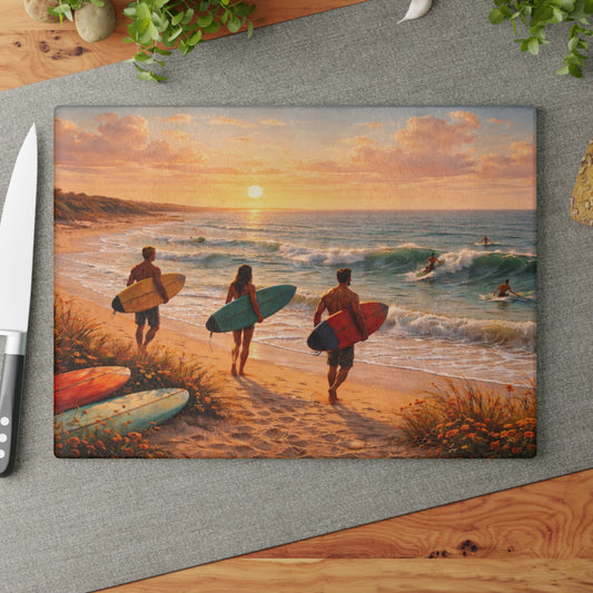 Golden Hour Surf Coast Glass Cutting Board – Coastal Sunset Ocean Kitchen Decor