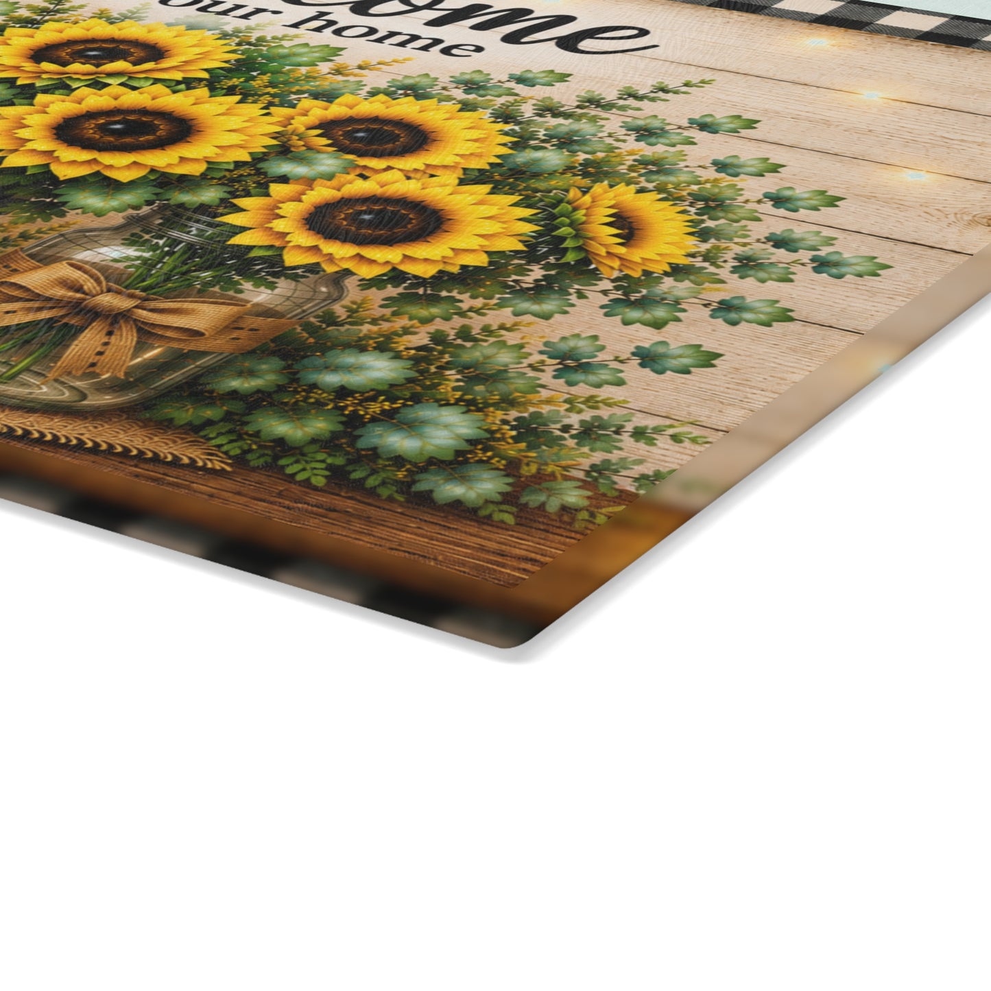 Sunflower Welcome Glass Cutting Board – Farmhouse Buffalo Plaid Kitchen Decor