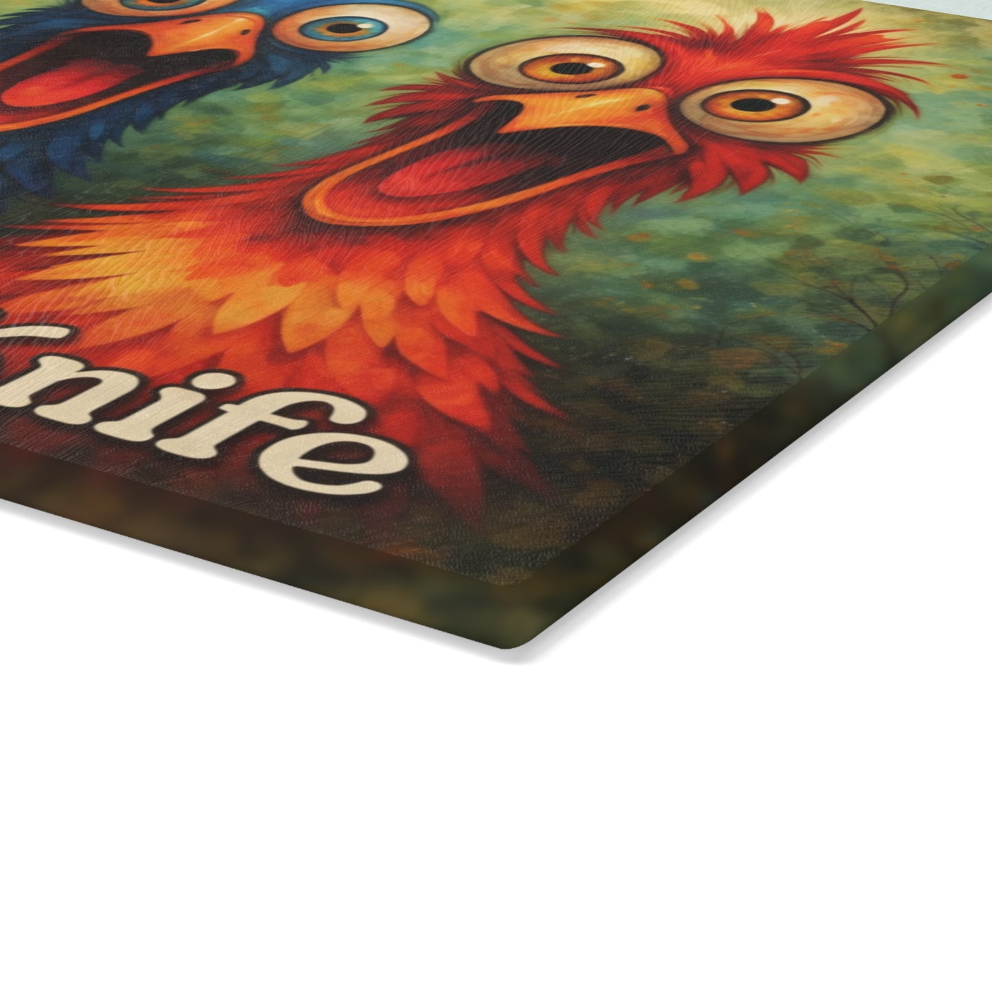 She’s Got a Knife Glass Cutting Board – Colorful Chicken Trio Art with Bold Kitchen Humor