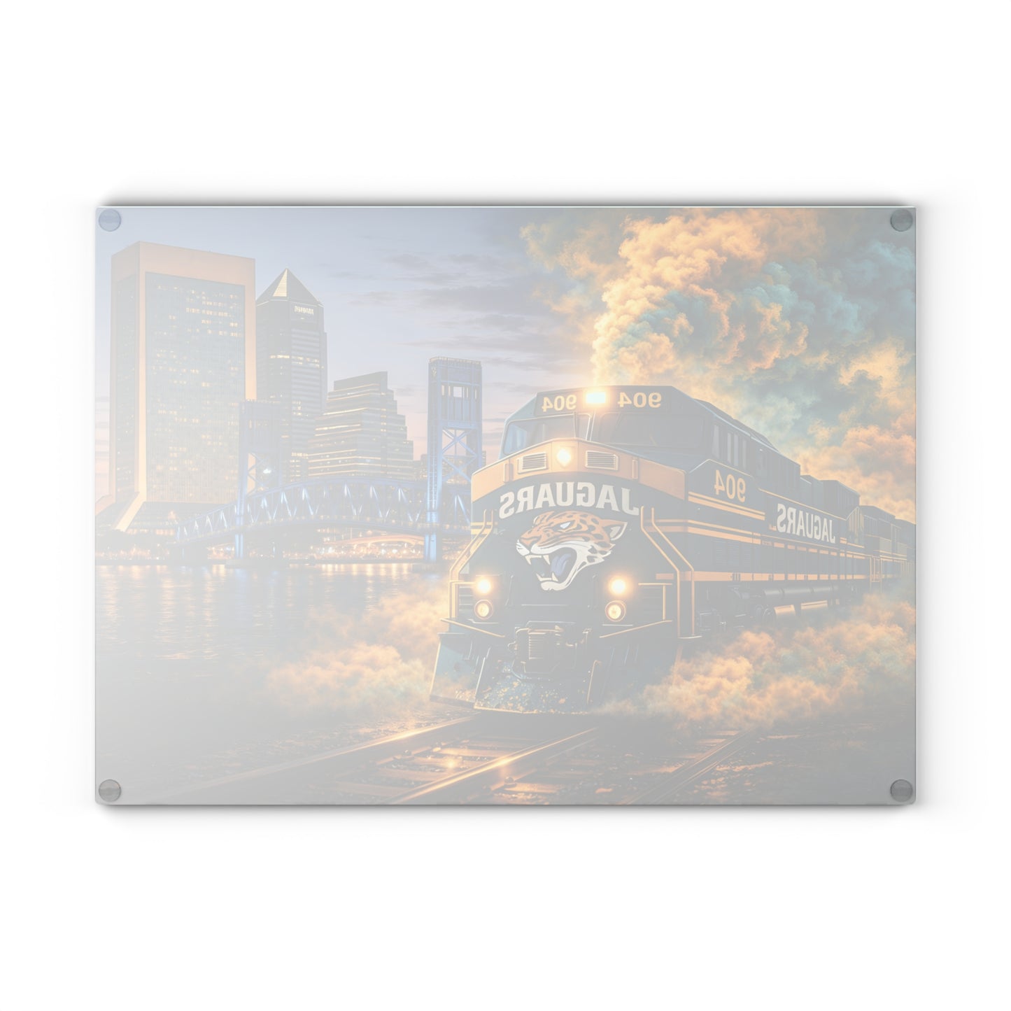 Teal & Gold Power Express Glass Cutting Board – Bold Train Art Kitchen Display
