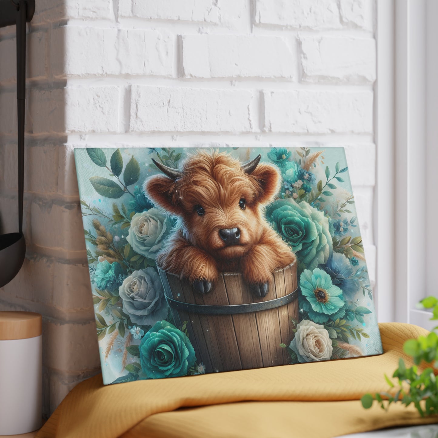 🐮 Highland Calf in a Bucket Cutting Board – Rustic Charm Meets Floral Elegance 🌿