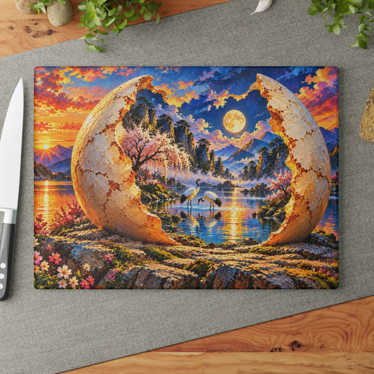 Enchanted Moonlit Paradise – Fantasy Eggshell Landscape Tempered Glass Cutting Board – Cranes, Cherry Blossoms & Sunset Art