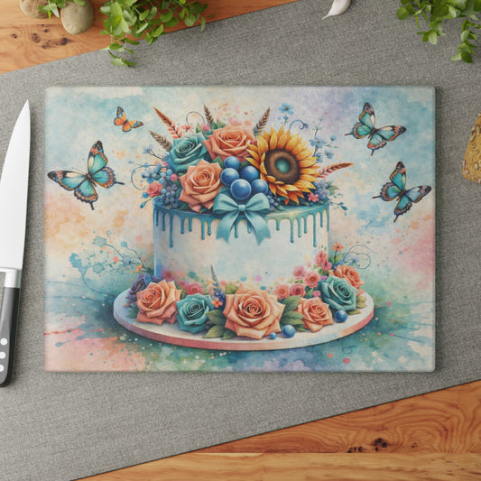 Floral Celebration Cake Glass Cutting Board – Elegant Dessert Kitchen Decor