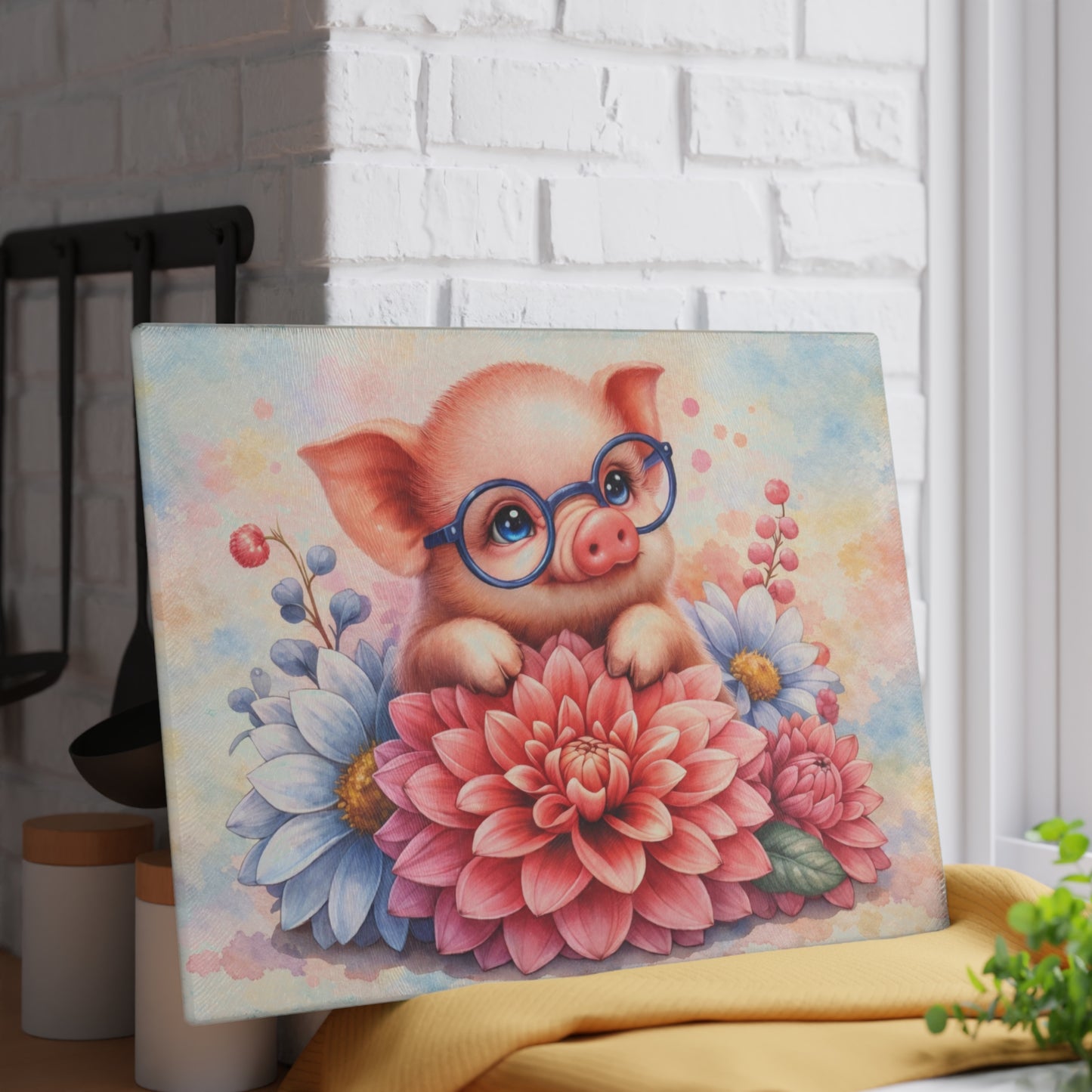 Smart Piglet with Flowers Glass Cutting Board – Farmhouse Kitchen Decor