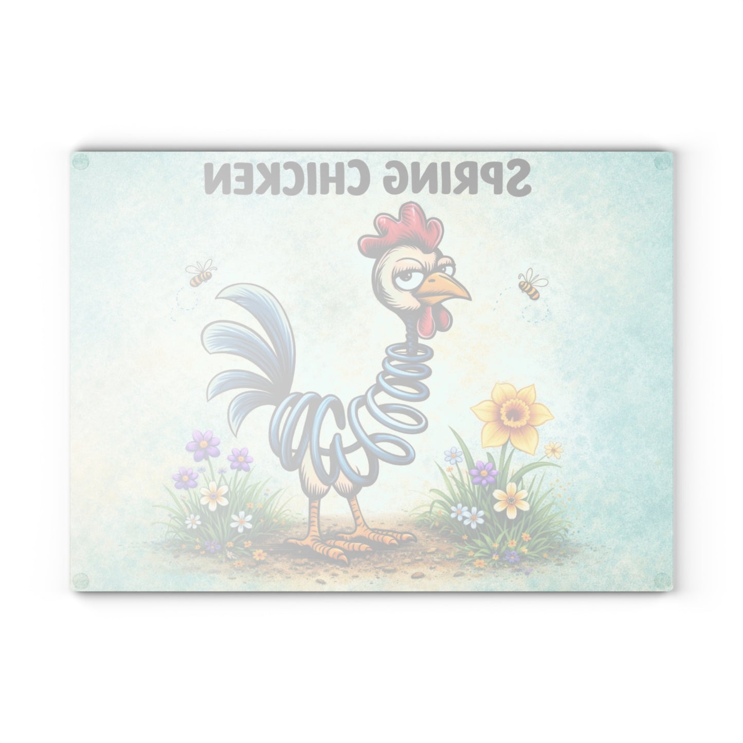 Spring Chicken Glass Cutting Board – Whimsical Chicken Artwork with Playful Spring Humor