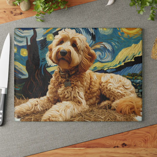 🌙 Golden Doodle Starry Night Cutting Board – Swirls of Charm & Canine Cuteness 🐾