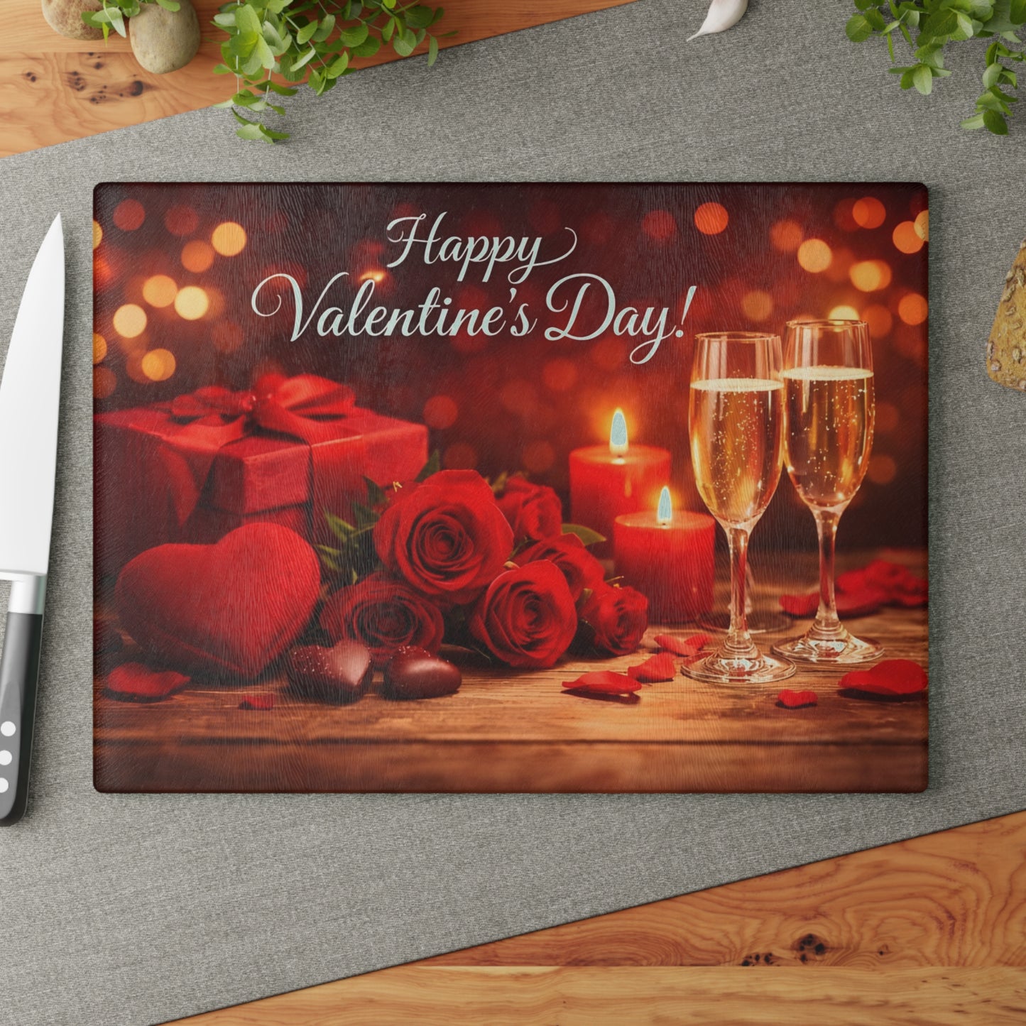 Happy Valentine’s Day Champagne & Roses Glass Cutting Board – Romantic Evening Kitchen Accent
