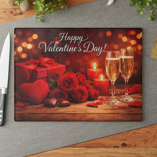 Happy Valentine’s Day Champagne & Roses Glass Cutting Board – Romantic Evening Kitchen Accent