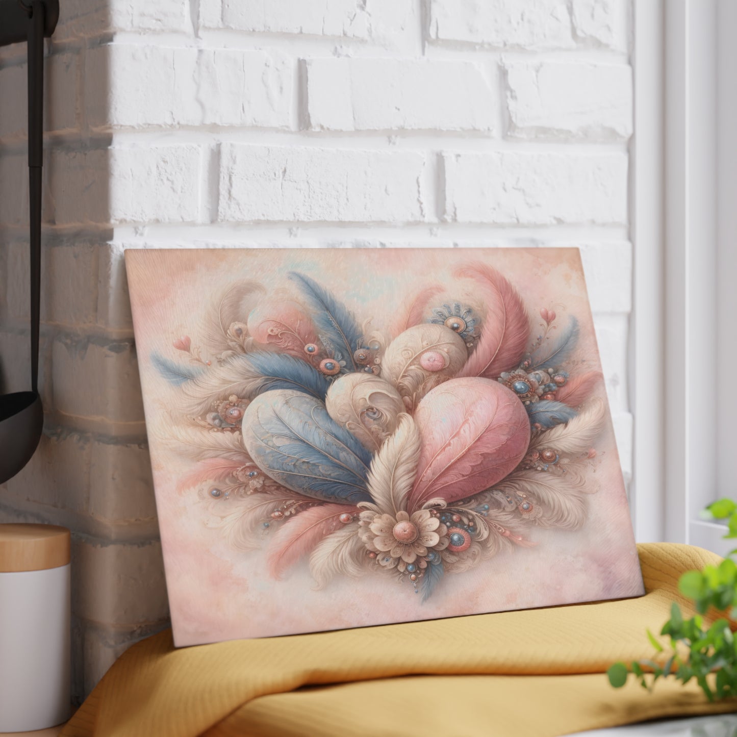 Pastel Feather Heart Glass Cutting Board – Elegant Romantic Art Kitchen Decor