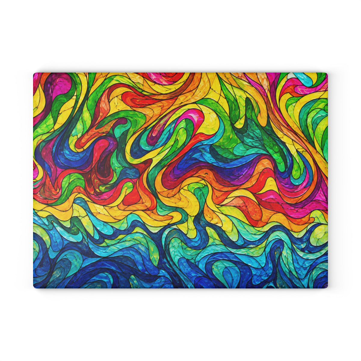 Rainbow Swirl Stained-Glass-Inspired Glass Cutting Board – Colorful Abstract Kitchen Decor