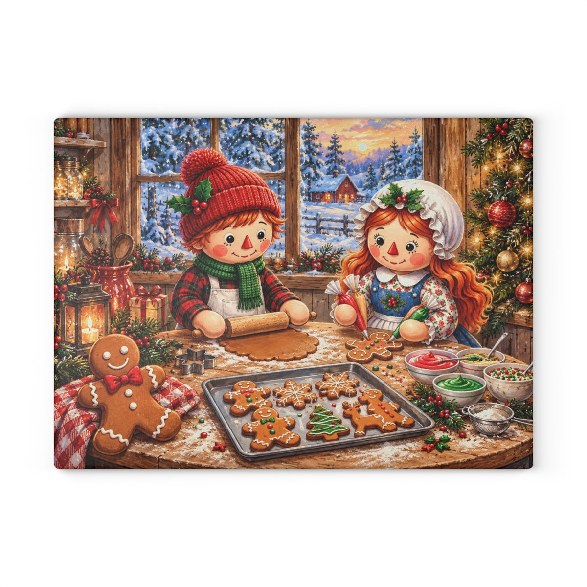 Christmas Gingerbread Boy and Girl Baking Tempered Glass Cutting Board – Cozy Farmhouse Holiday Kitchen Art – 11 × 15 Inches