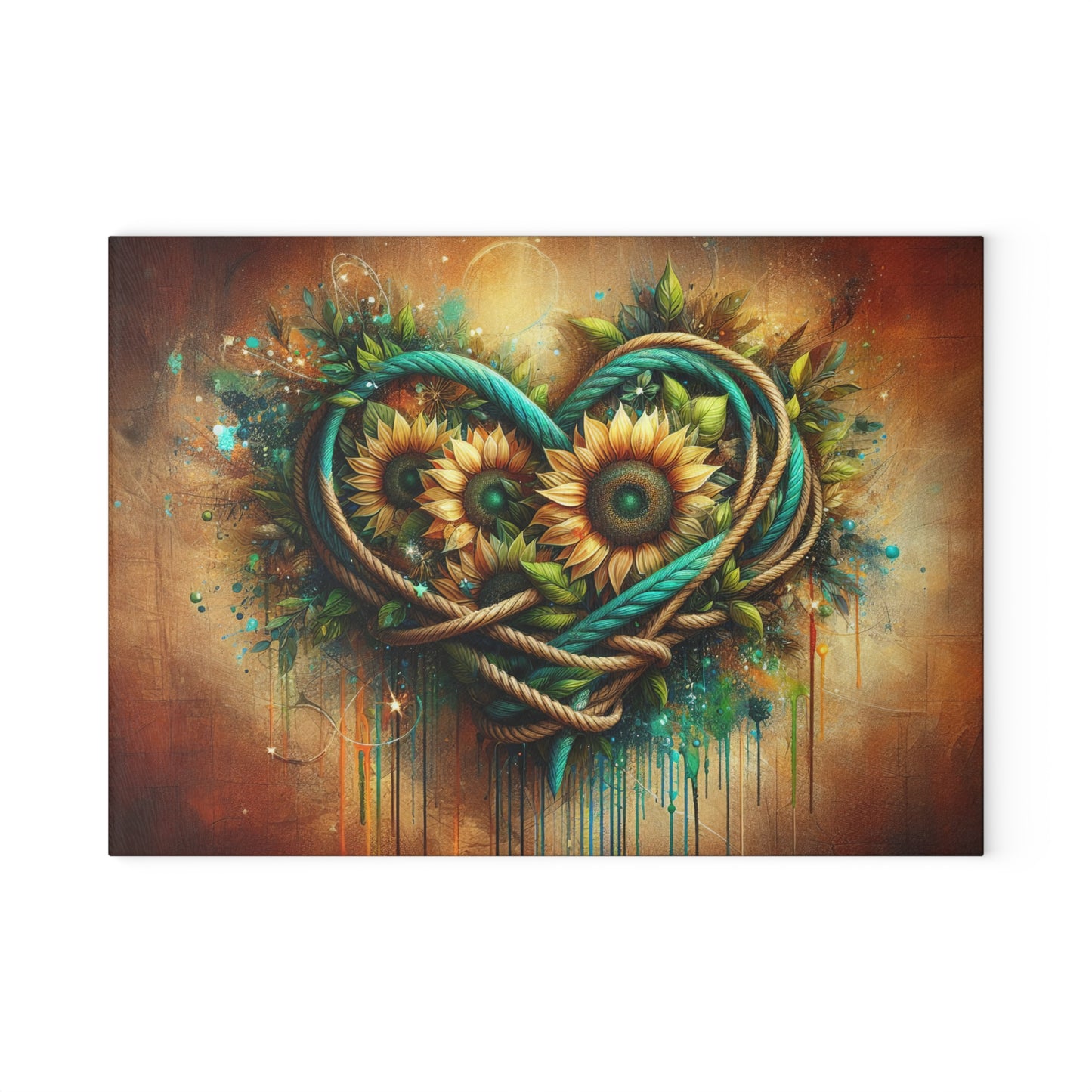 Sunflower Rope Heart Glass Cutting Board – Rustic Floral Love Kitchen Display
