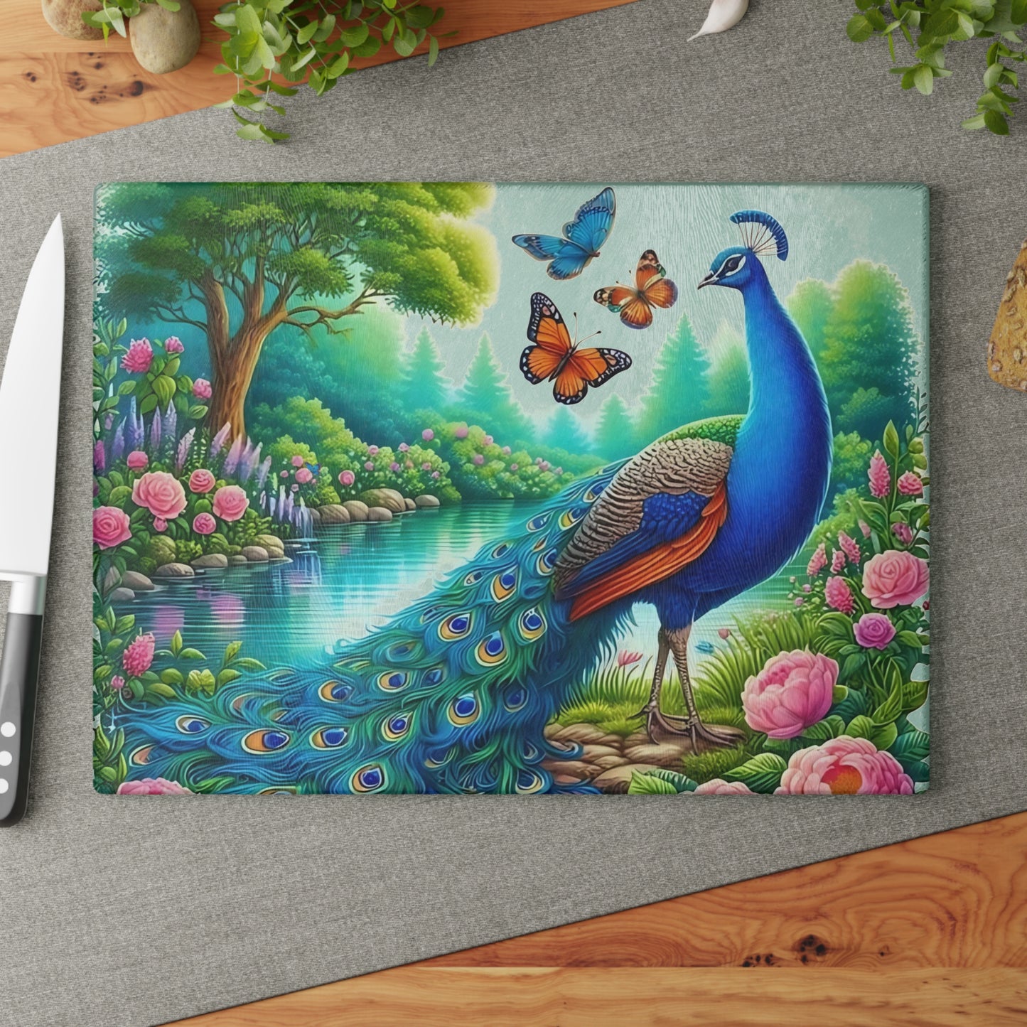 Peacock decor, butterfly decor, cutting board, kitchen decor, kitchen art, serving board, peacock gift, butterfly gift, floral cutting board