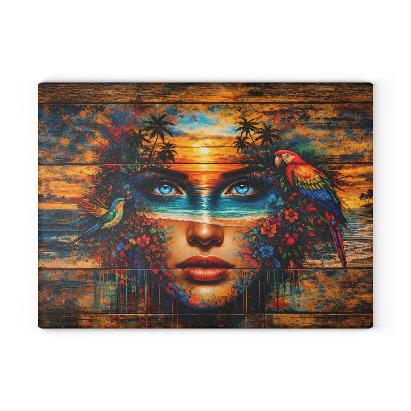 Surreal Coastal Muse Glass Cutting Board – Stained-Glass-Inspired Tropical Art Kitchen Decor