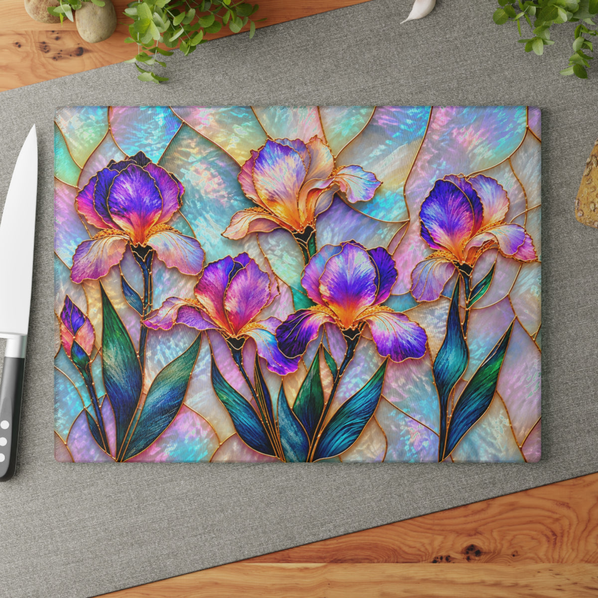 Stained-Glass-Inspired Purple Iris Cutting Board – Vibrant Violet & Lavender Flowers, Iridescent Pastel Mosaic & Elegant Botanical Kitchen Décor