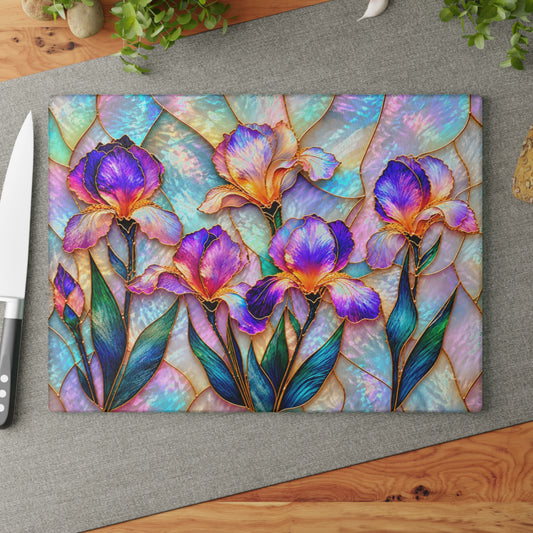 Stained-Glass-Inspired Purple Iris Cutting Board – Vibrant Violet & Lavender Flowers, Iridescent Pastel Mosaic & Elegant Botanical Kitchen Décor