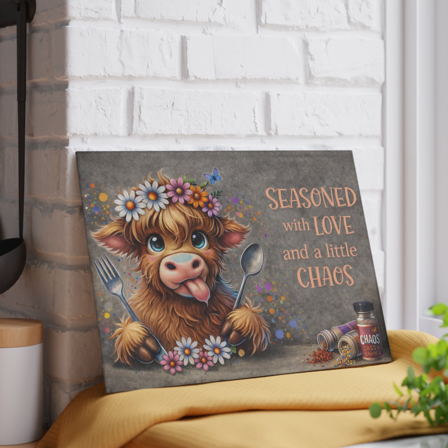 Seasoned With Love and a Little Chaos Glass Cutting Board
