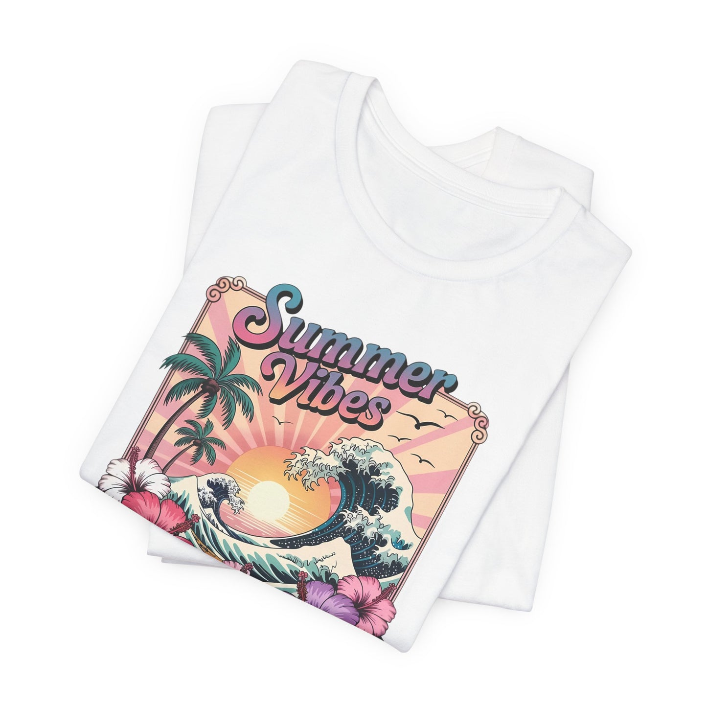 ☀️ Camiseta Summer Vibes – Ola playera vibrante, hibisco y palmeras | Camiseta gráfica para mujer
