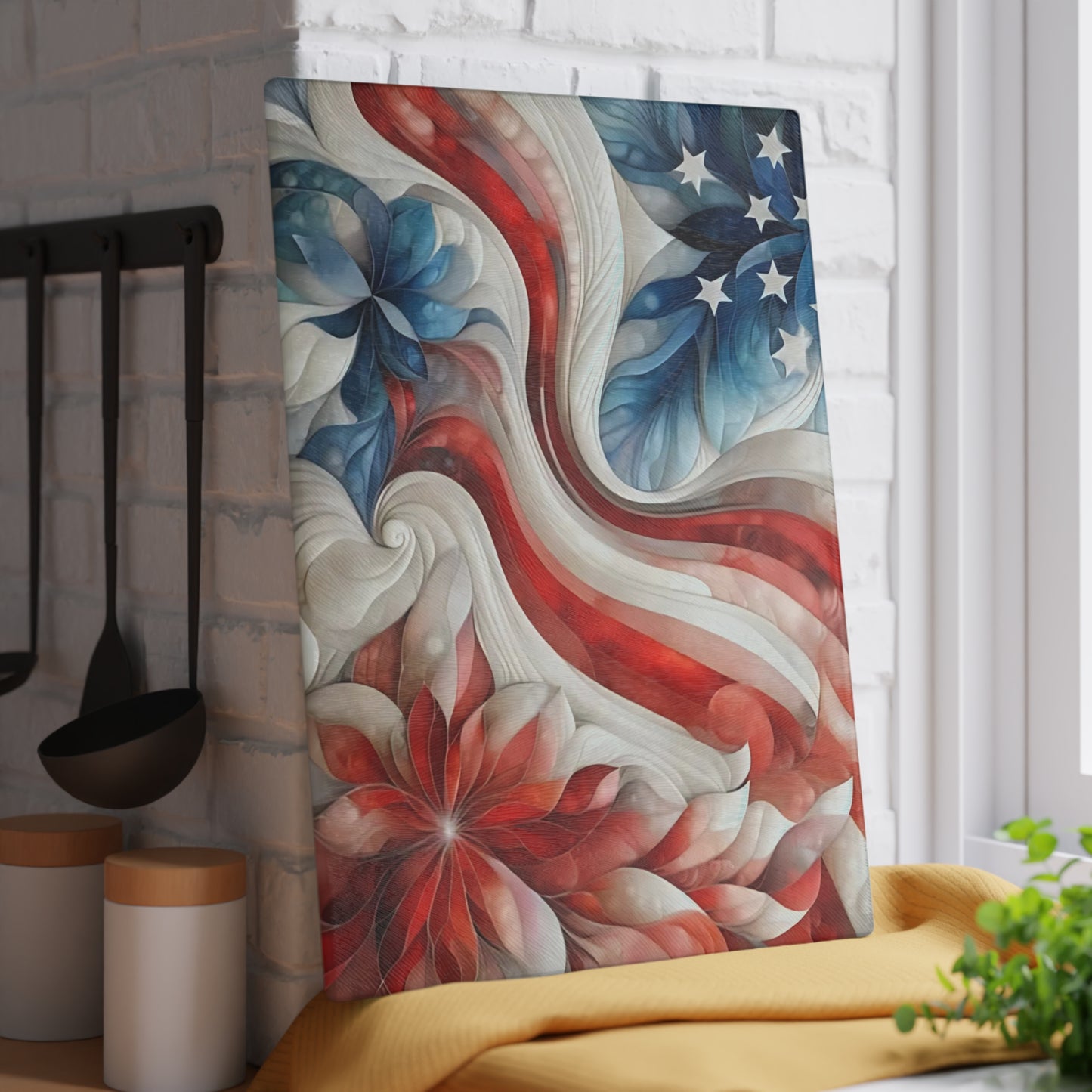 4th of July Quilt looking Glass Cutting Board – Patriotic Charm Meets Function