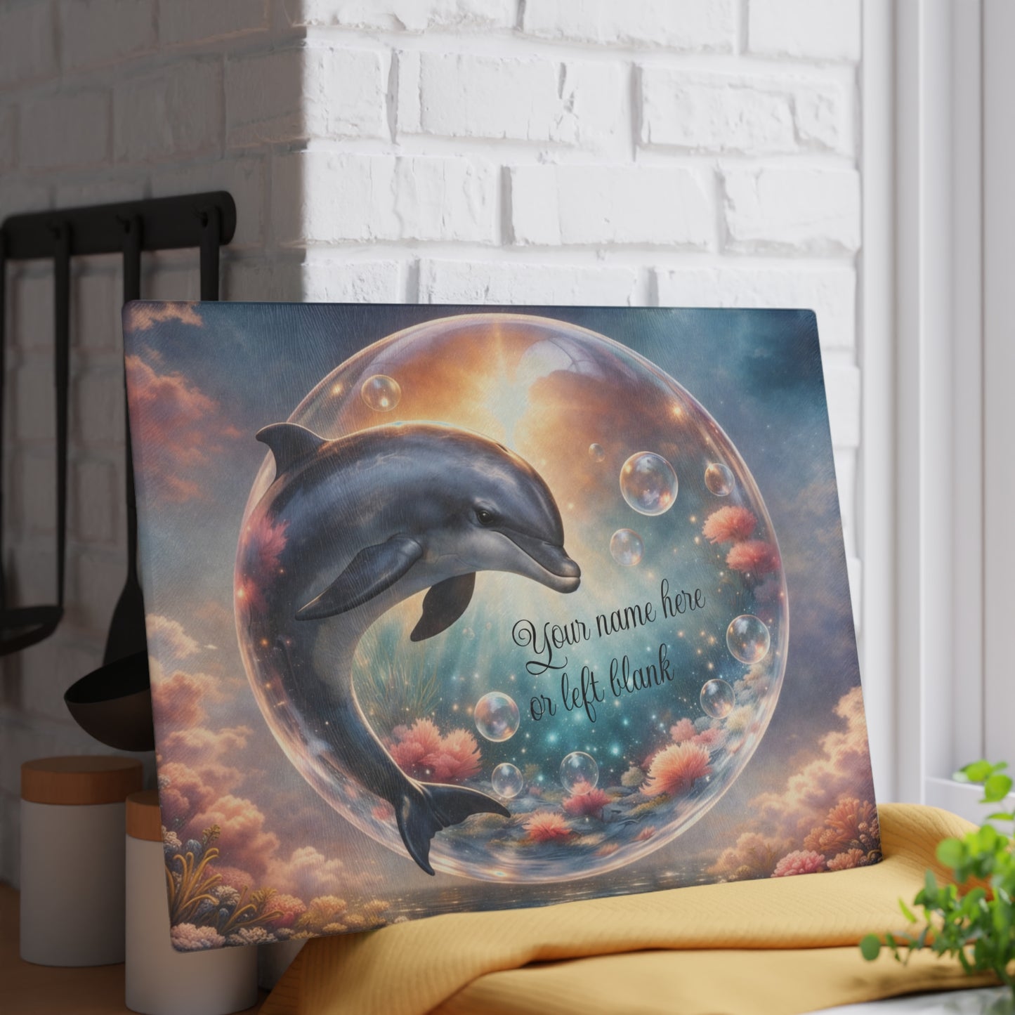 Dolphin Ocean Dream Glass Cutting Board – Personalized Coastal Kitchen Decor with Bubbles and Coral Reef Design