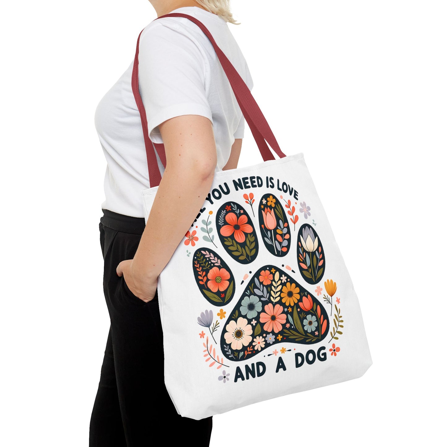 🐾 All You Need is Love and a Dog Tote Bag – Floral Paw Print Perfection 🌸