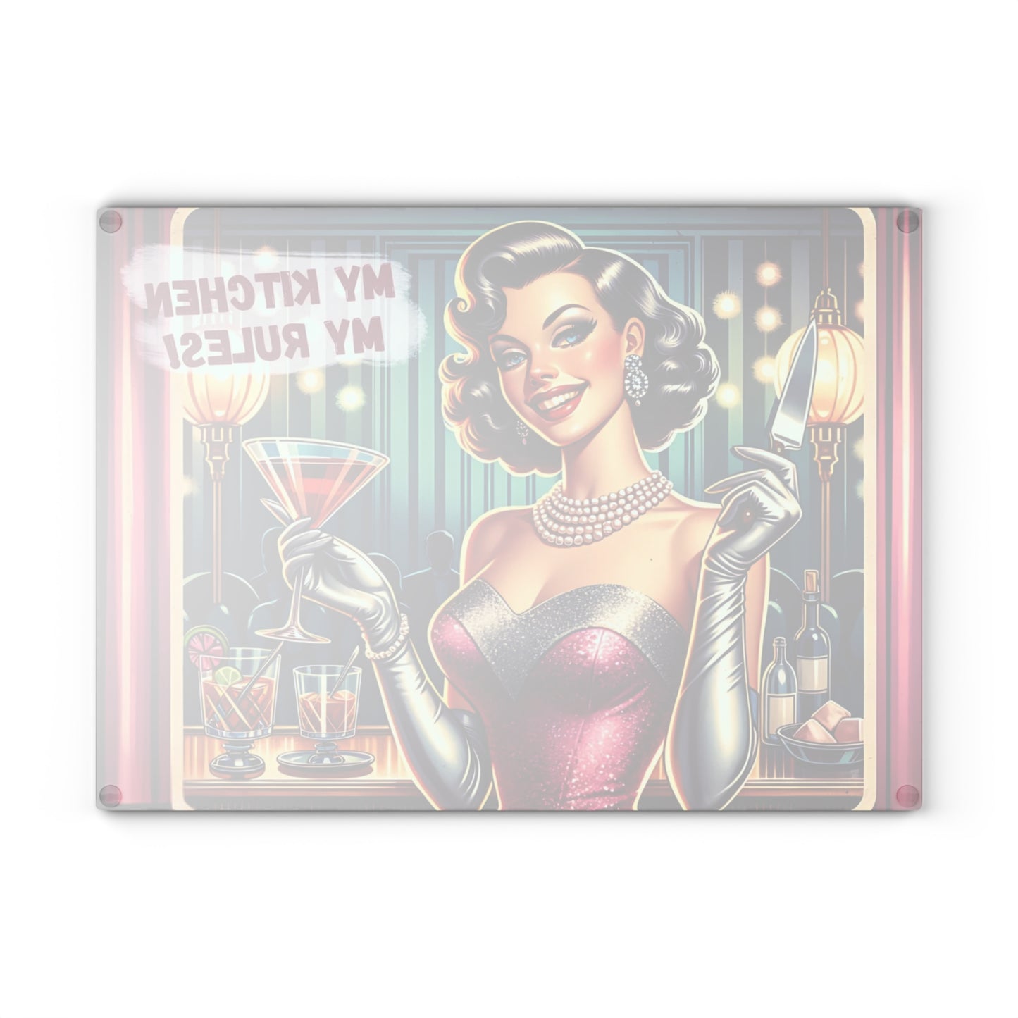🍸💋 “My Kitchen, My Rules!” Retro Glam Glass Cutting Board – Sassy Vintage Bar Vibes