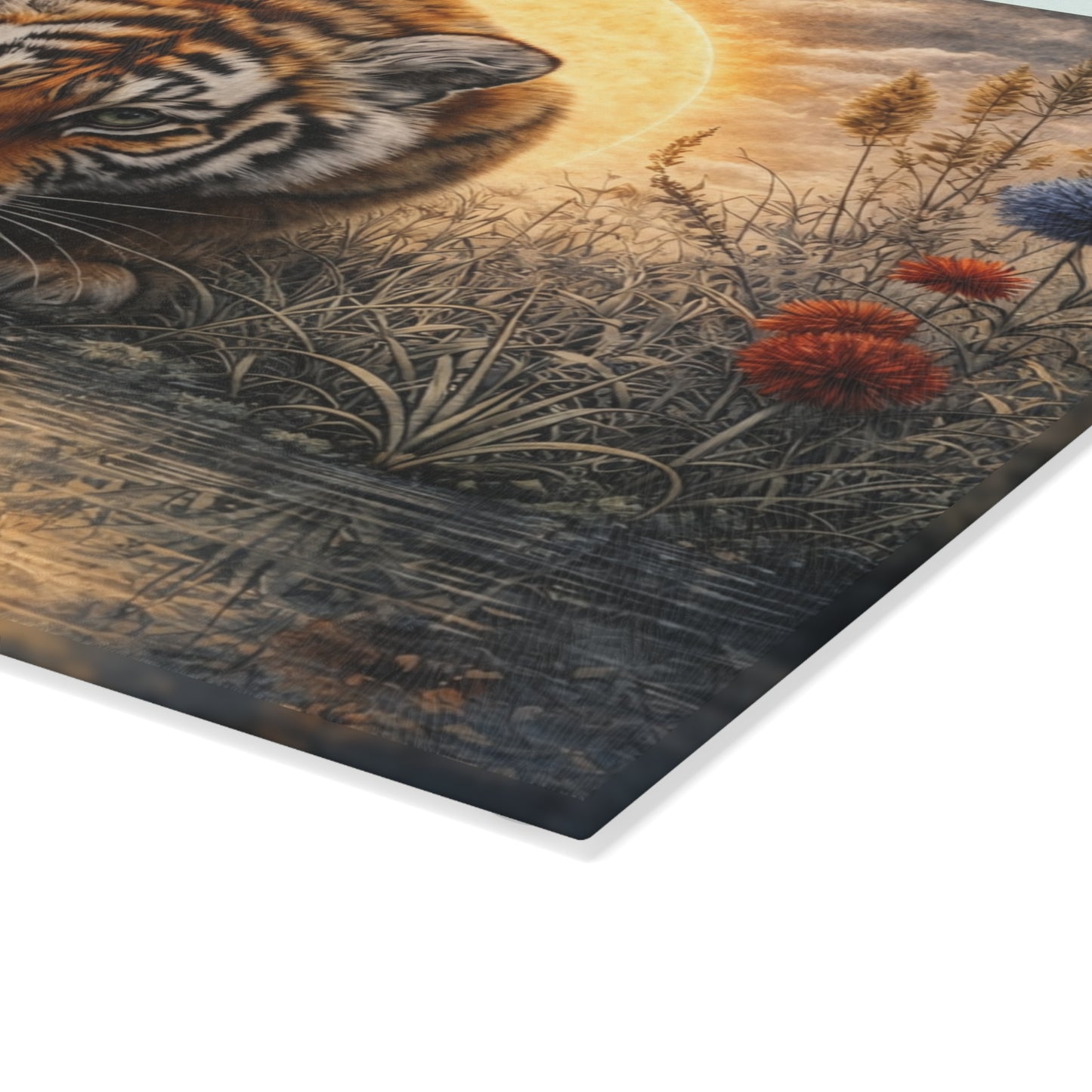 Tiger at Golden Sunset Glass Cutting Board – Majestic Wildlife Reflection Artwork