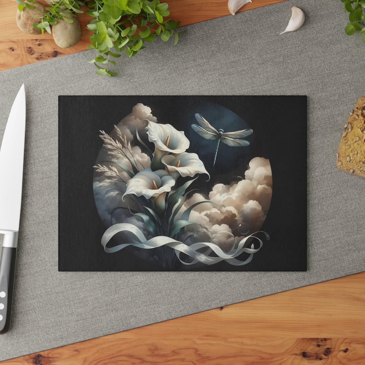 🌸 Calla Lily & Dragonfly Cutting Board – Serene Floral Beauty for Your Kitchen