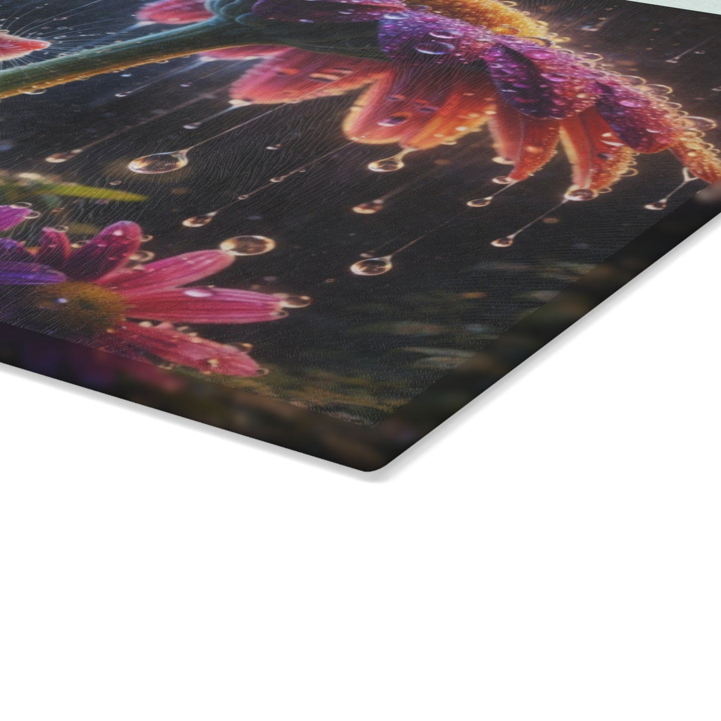 Rainy Garden Mouse Glass Cutting Board – Whimsical Nature Artwork