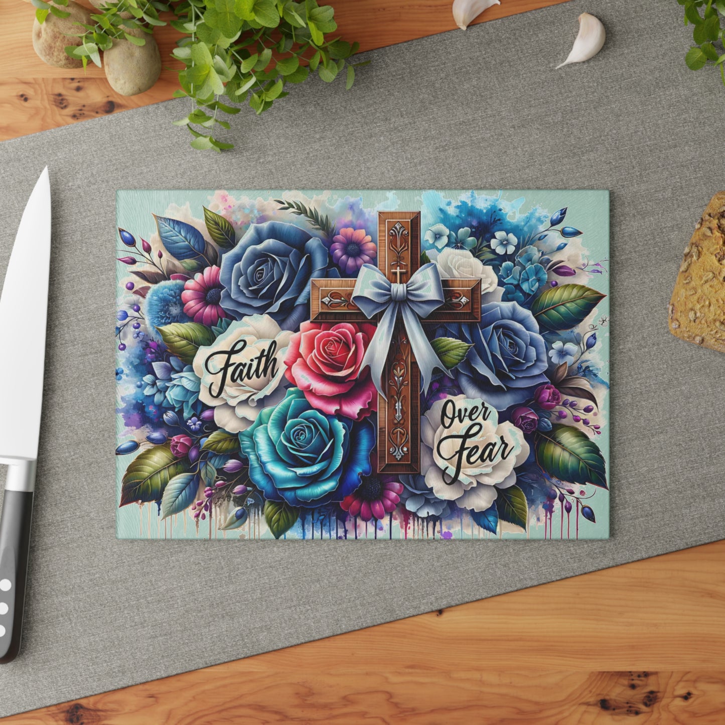 ✝️ Faith Over Fear Floral Cross Cutting Board – Christian Kitchen Inspiration with Roses & Watercolor Style