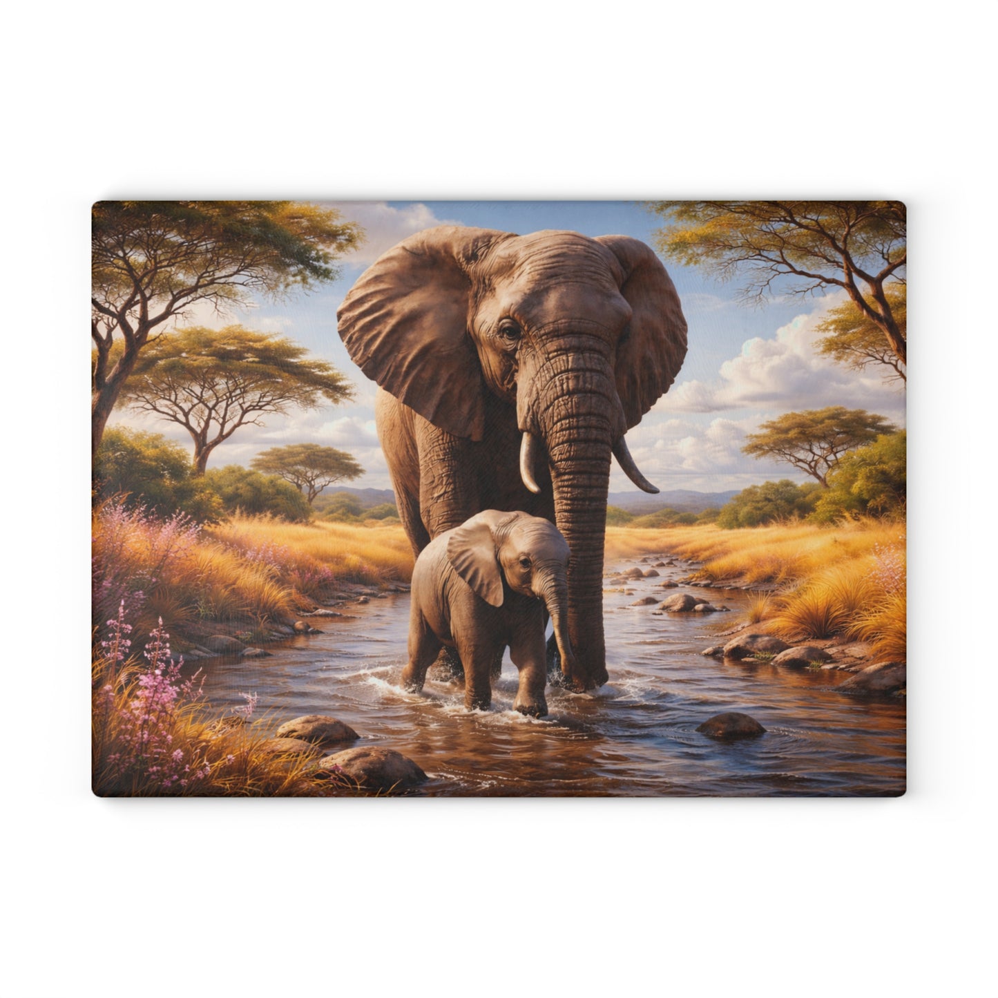 Mother & Baby Elephant Glass Cutting Board – African Safari Wildlife Kitchen Art