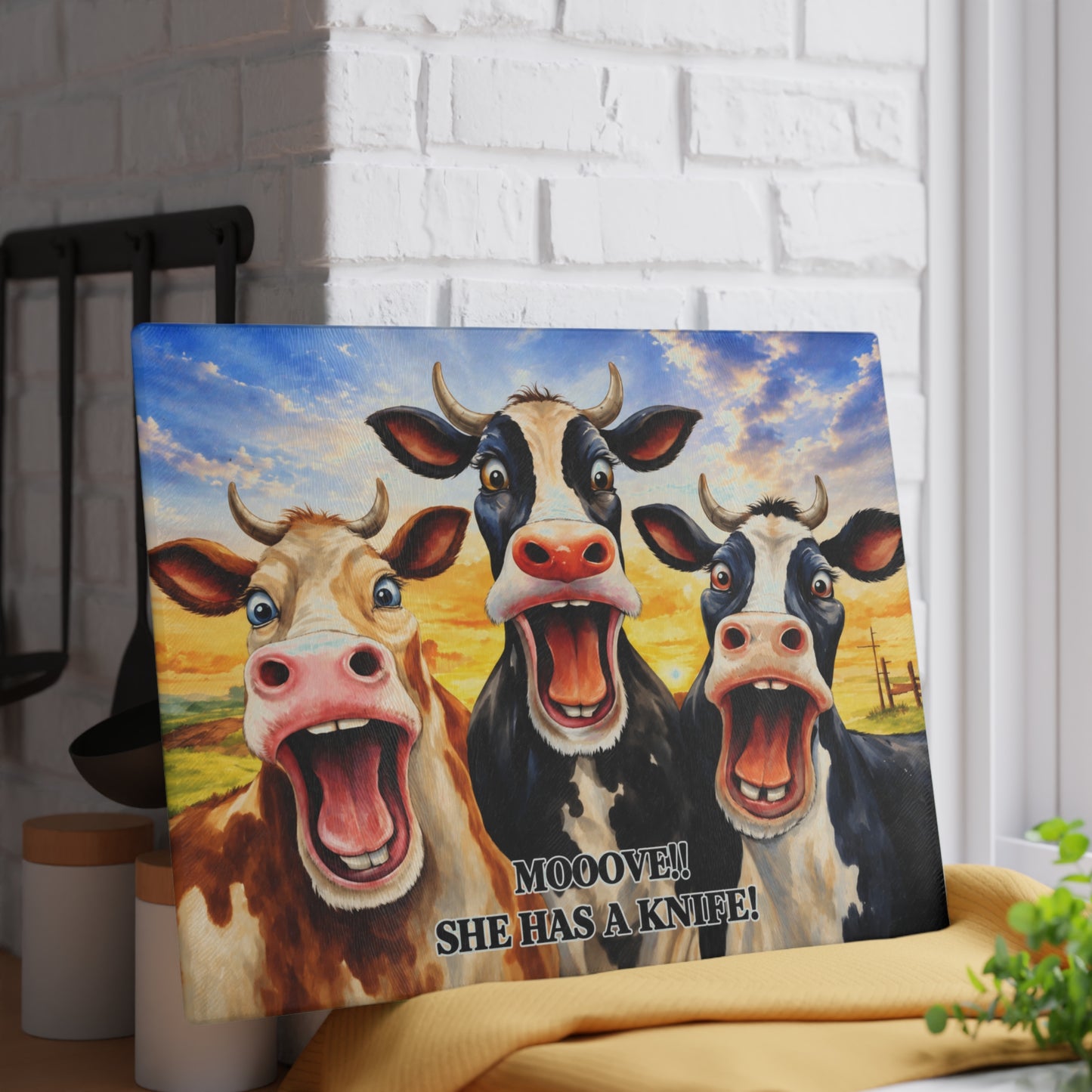 Mooove!! She Has a Knife Glass Cutting Board – Funny Farm Kitchen Decor