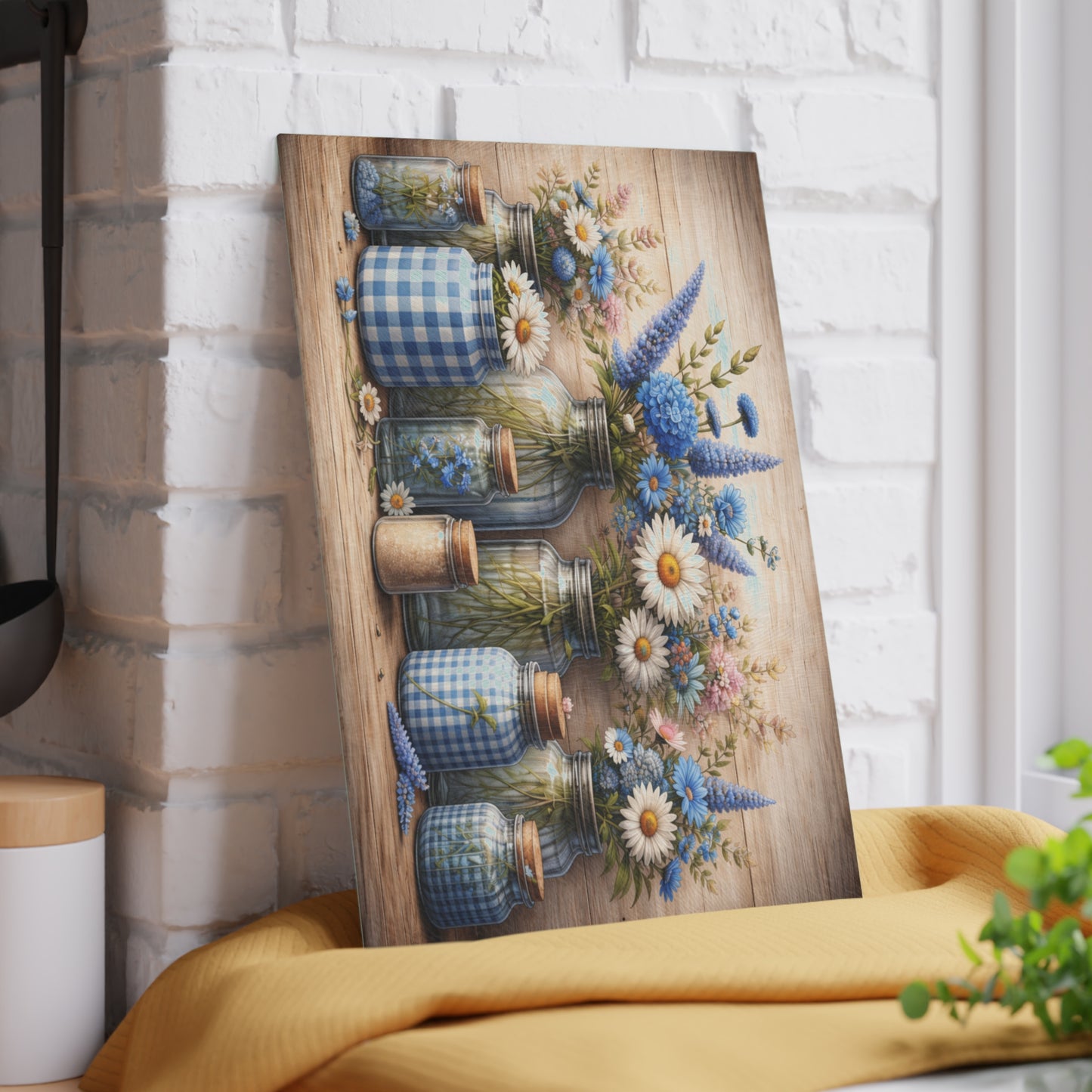 Blue Gingham Wildflower Mason Jar Glass Cutting Board – Rustic Farmhouse Kitchen Decor