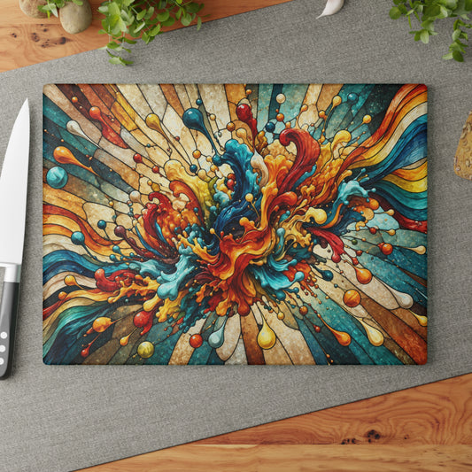 Abstract Color Burst Stained-Glass-Look Glass Cutting Board – Teal Orange Red Modern Kitchen Decor