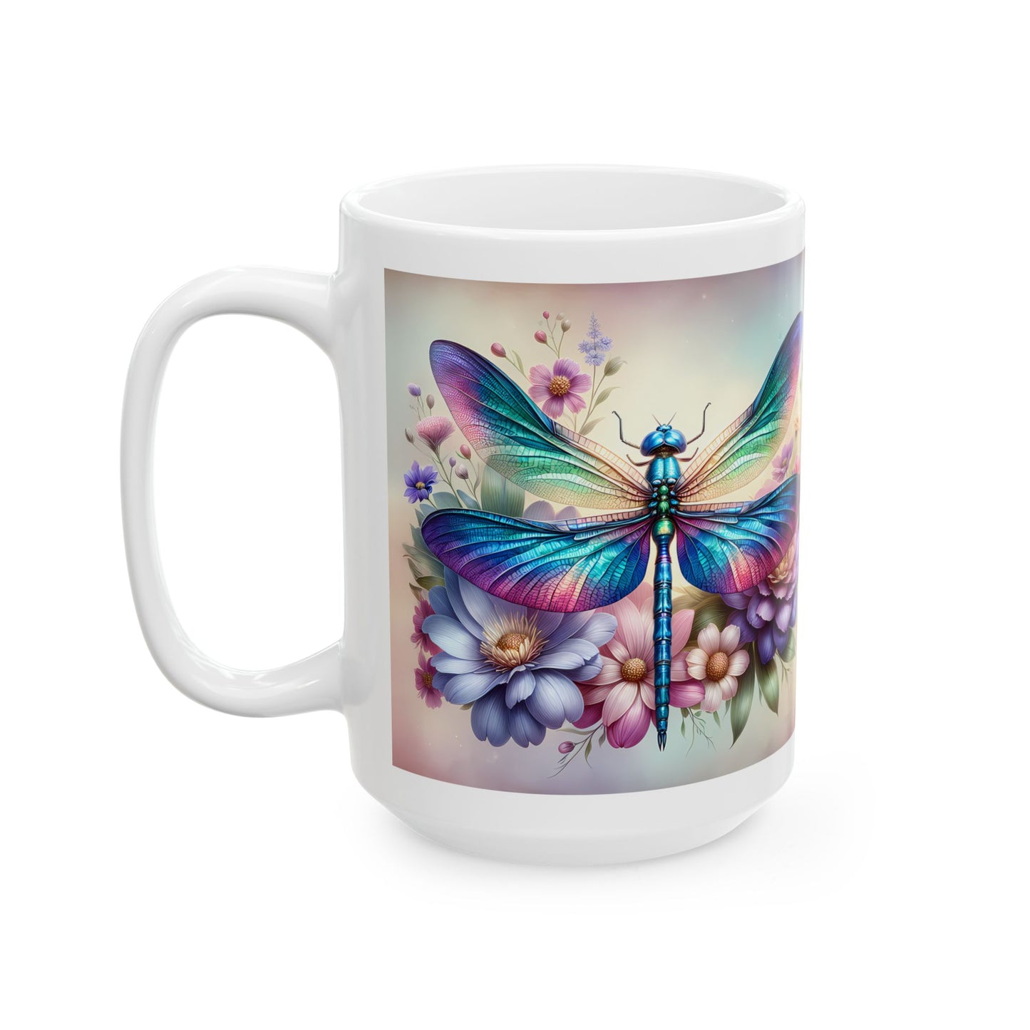 🌸 Vivid Garden Bloom – Envoltorio para taza de café con libélula arcoíris ☕