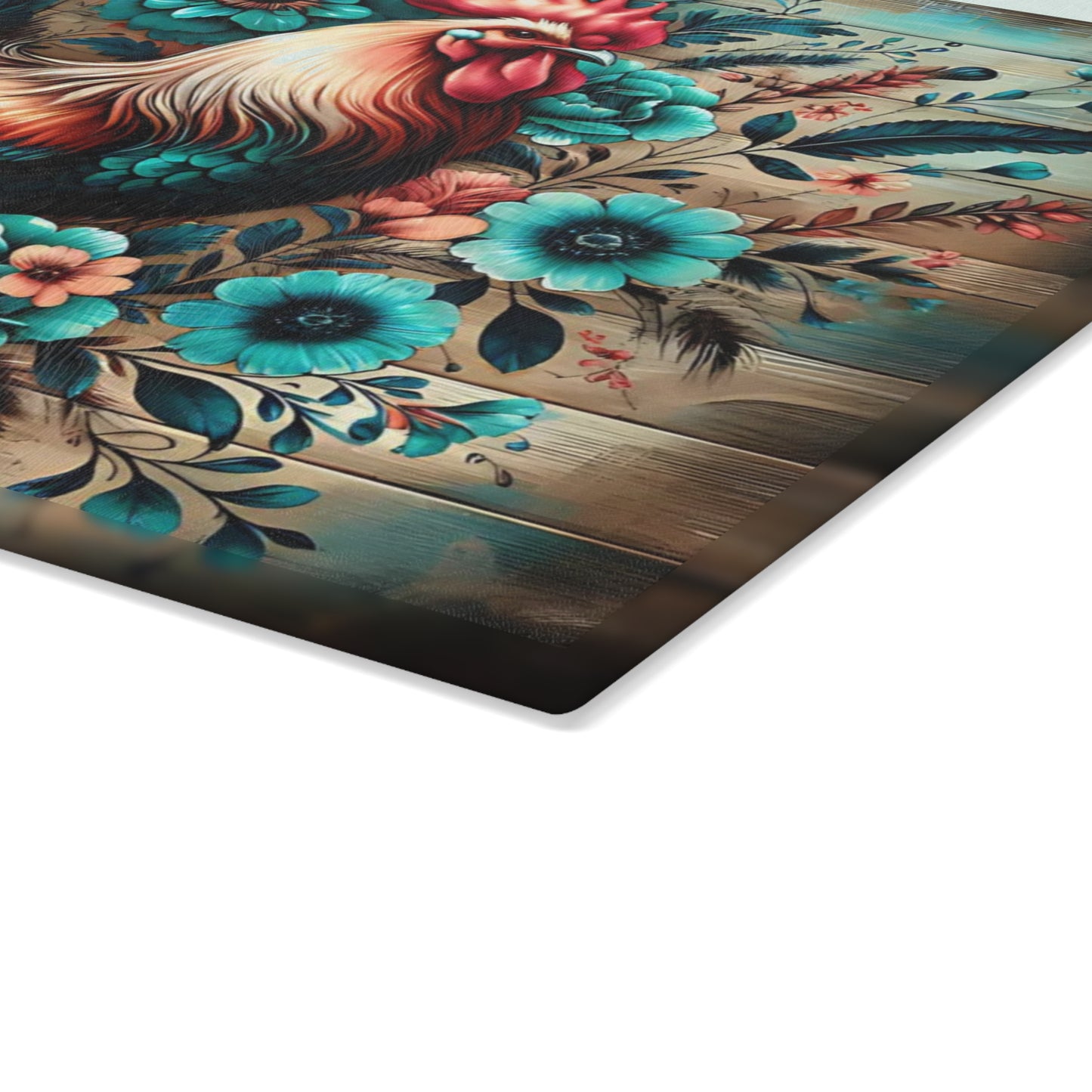 🐓 Rustic Rooster & Teal Floral Cutting Board – Farmhouse Country Kitchen Décor