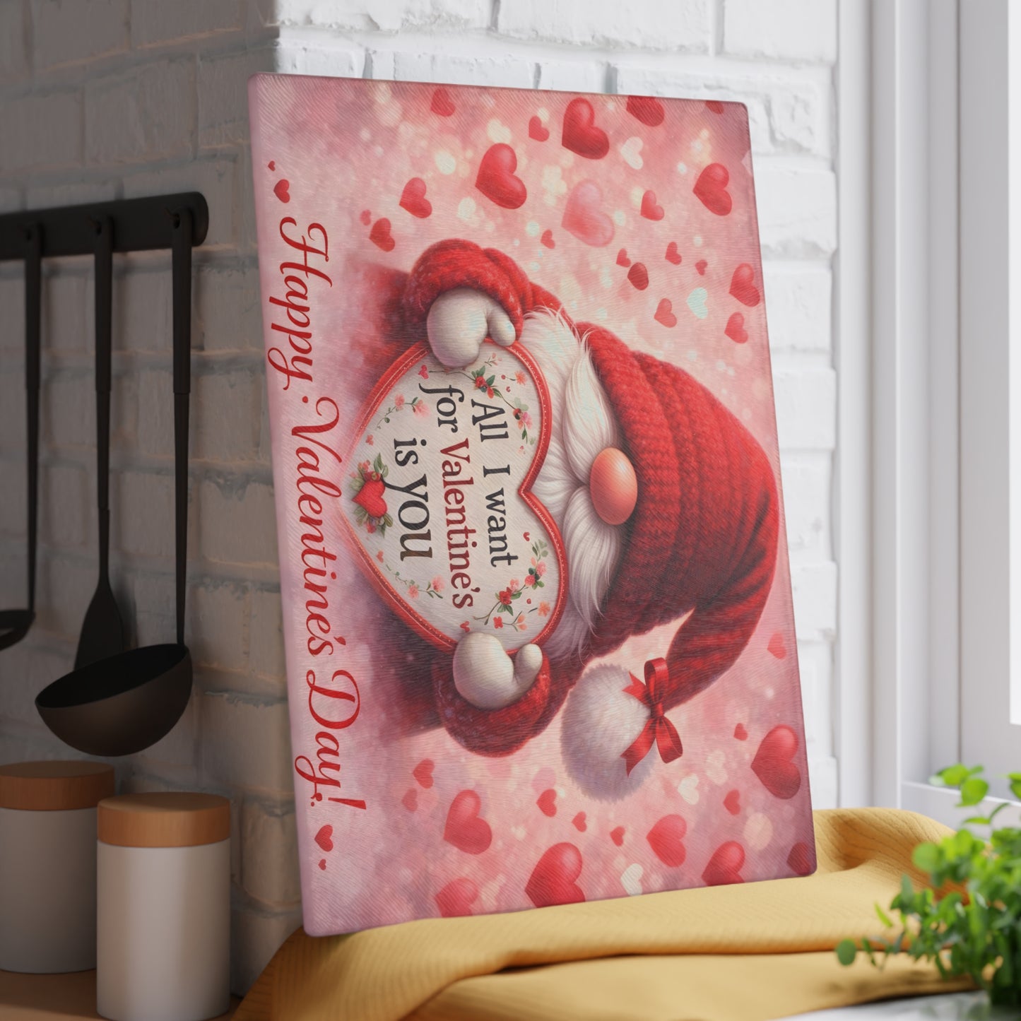 Valentine Gnome Glass Cutting Board – Romantic Heart-Themed Kitchen Décor