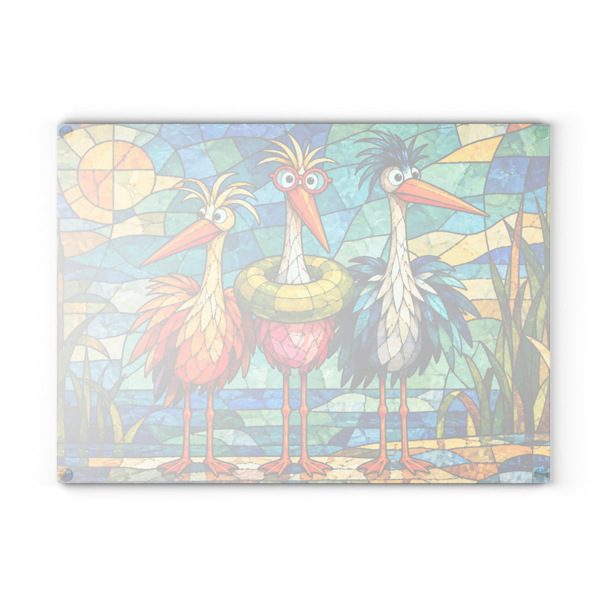 Funny Colorful Birds Stained-Glass-Look Glass Cutting Board – Whimsical Bird Kitchen Decor