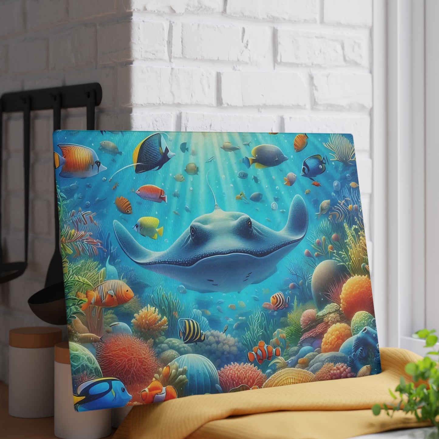 Tabla de cortar de vidrio con diseño de raya y arrecife de coral: decoración de cocina con vida marina y peces de agua salada