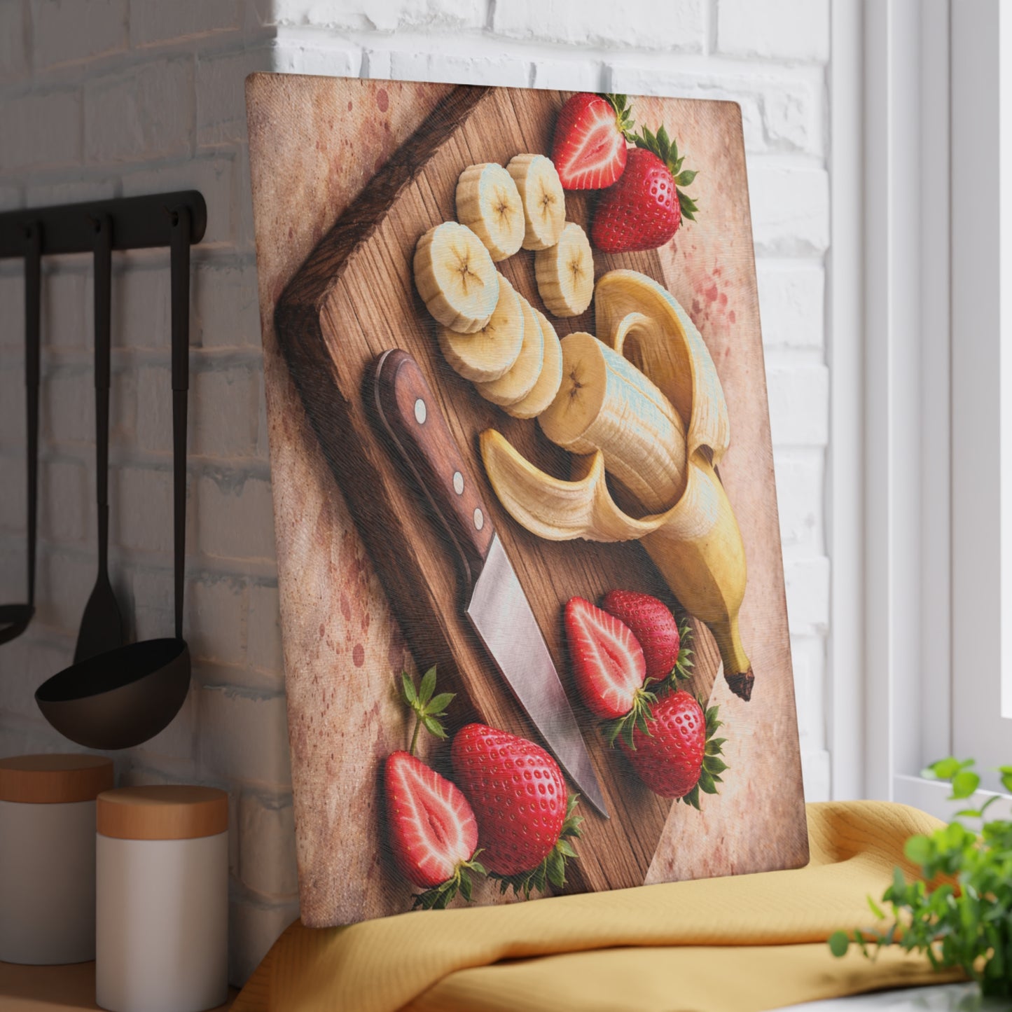 Banana and Strawberry Kitchen Art Glass Cutting Board – Rustic Breakfast Inspired Design