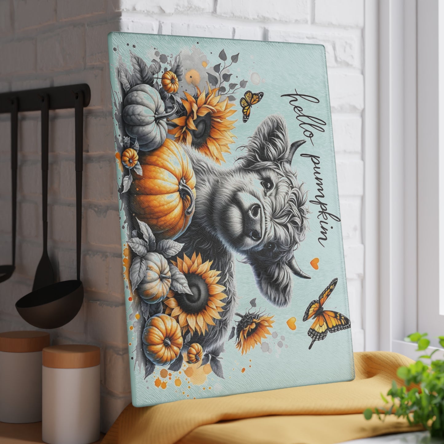 🐮🎃 Hello Pumpkin Highland Cow Cutting Board – Autumn Charm with Sunflowers & Butterflies 🍂🦋