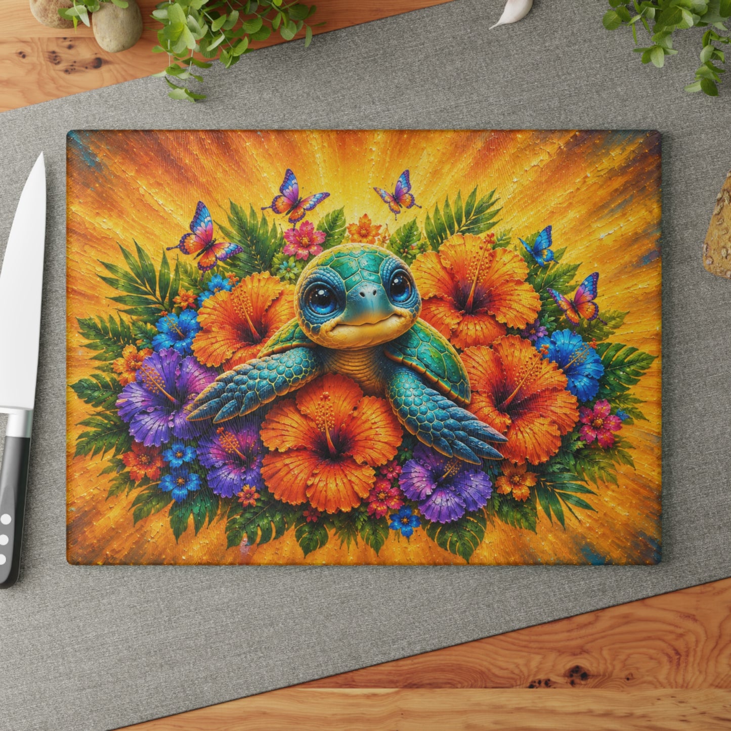 Baby Sea Turtle & Tropical Hibiscus Glass Cutting Board – Colorful Coastal Beach Kitchen Decor
