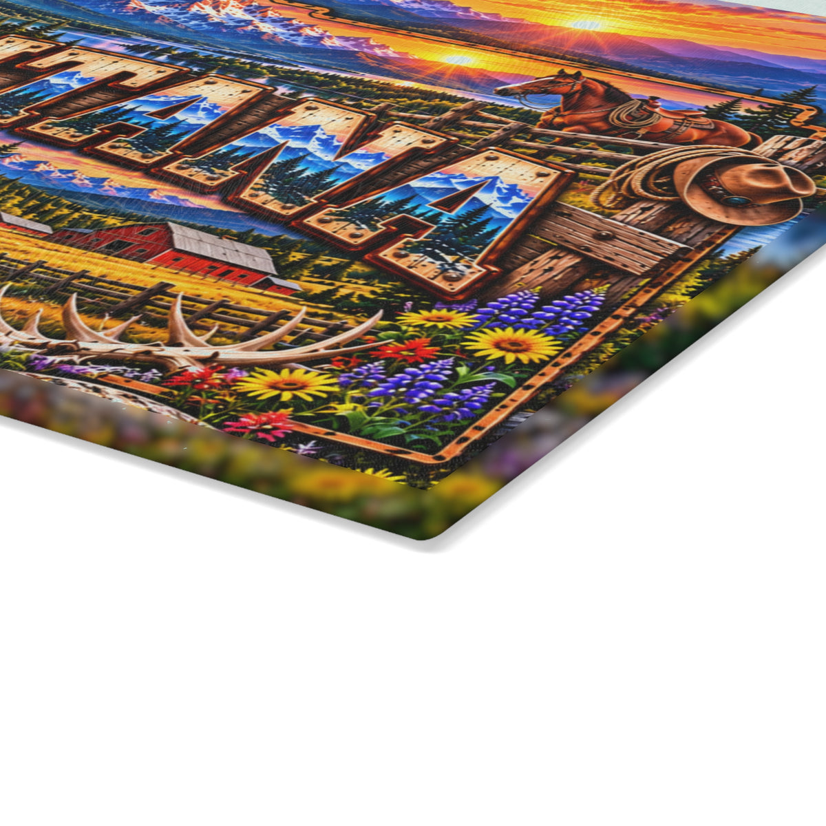 Montana Mountain Sunset Glass Cutting Board – Rustic Wildlife, Western Ranch & Scenic Landscape Kitchen Décor