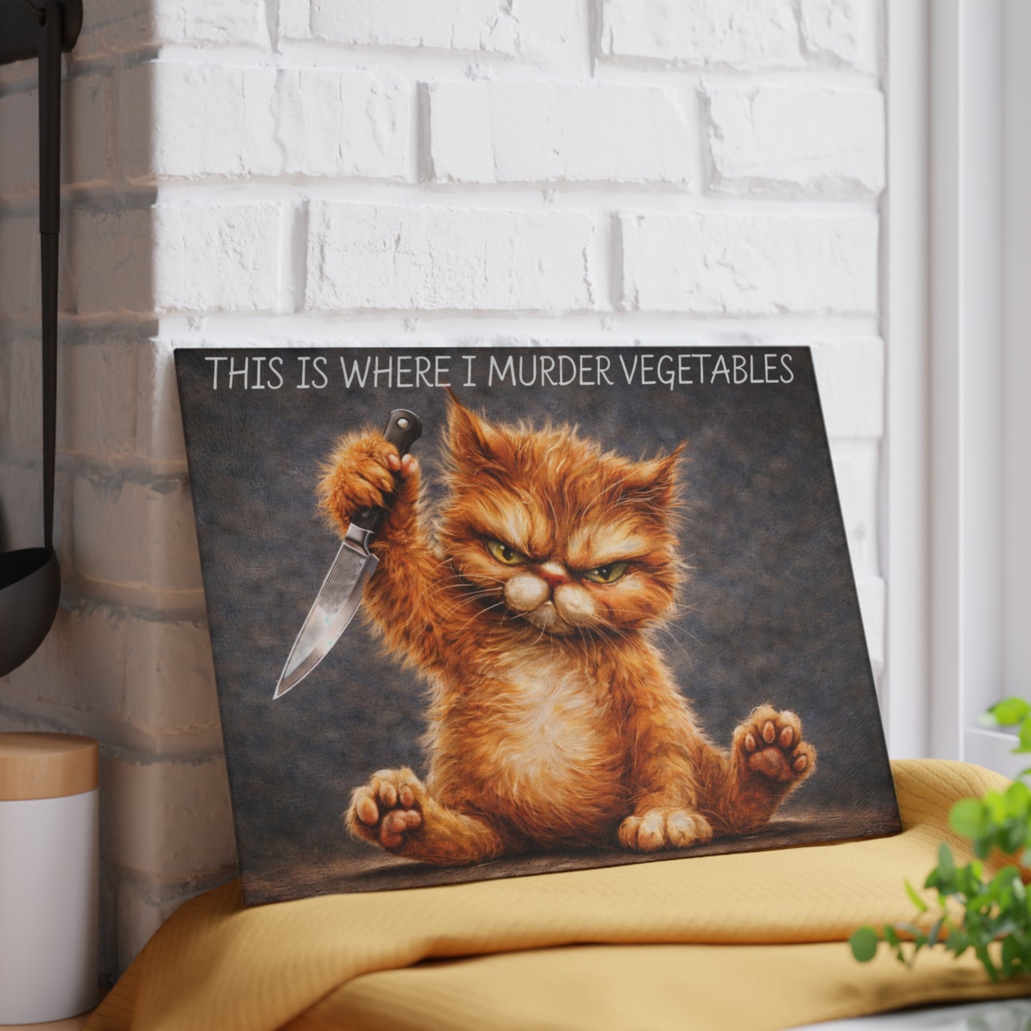 This Is Where I Murder Vegetables Glass Cutting Board – Funny Grumpy Cat Kitchen Art