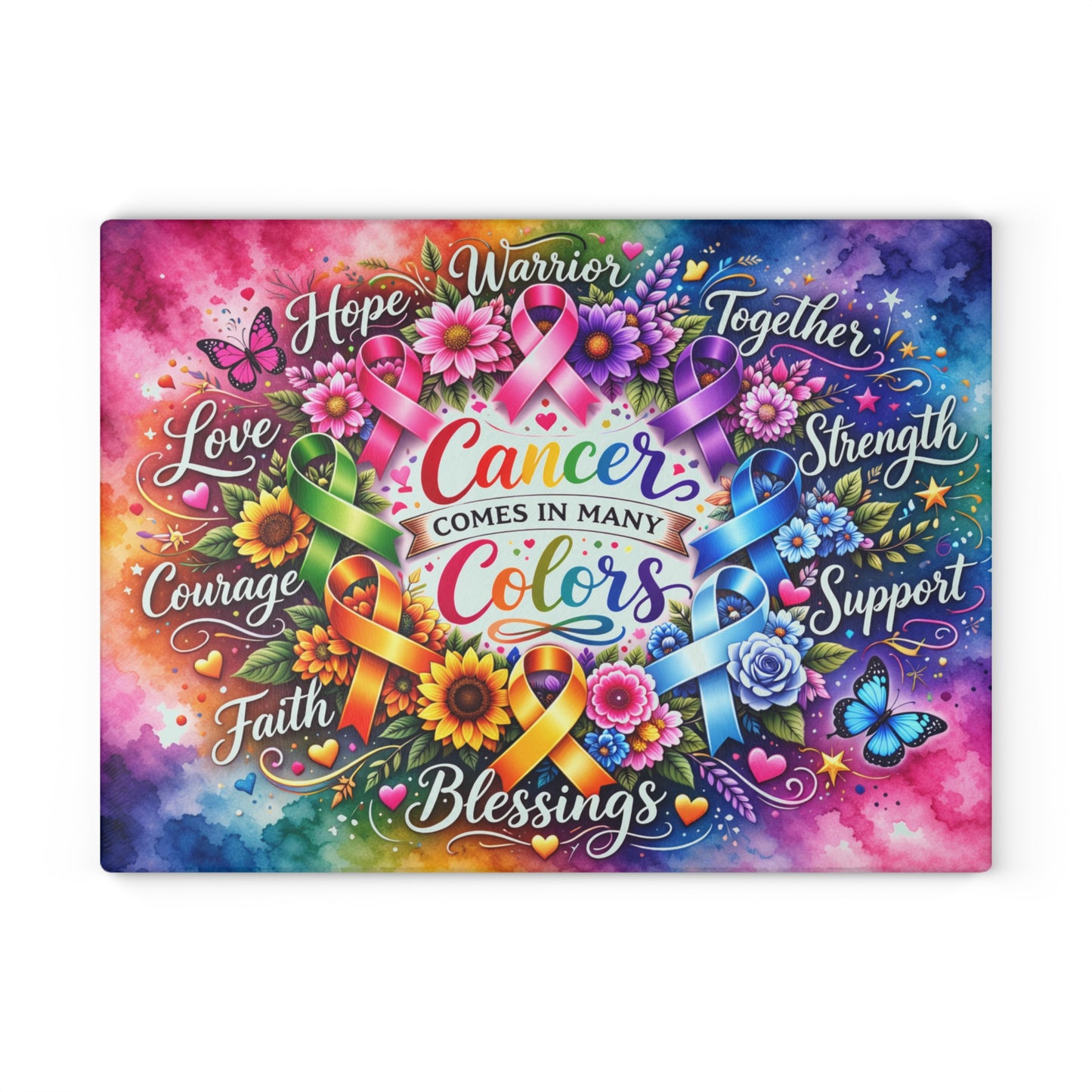 Cancer Comes in Many Colors Glass Cutting Board – Awareness Ribbon Floral Artwork