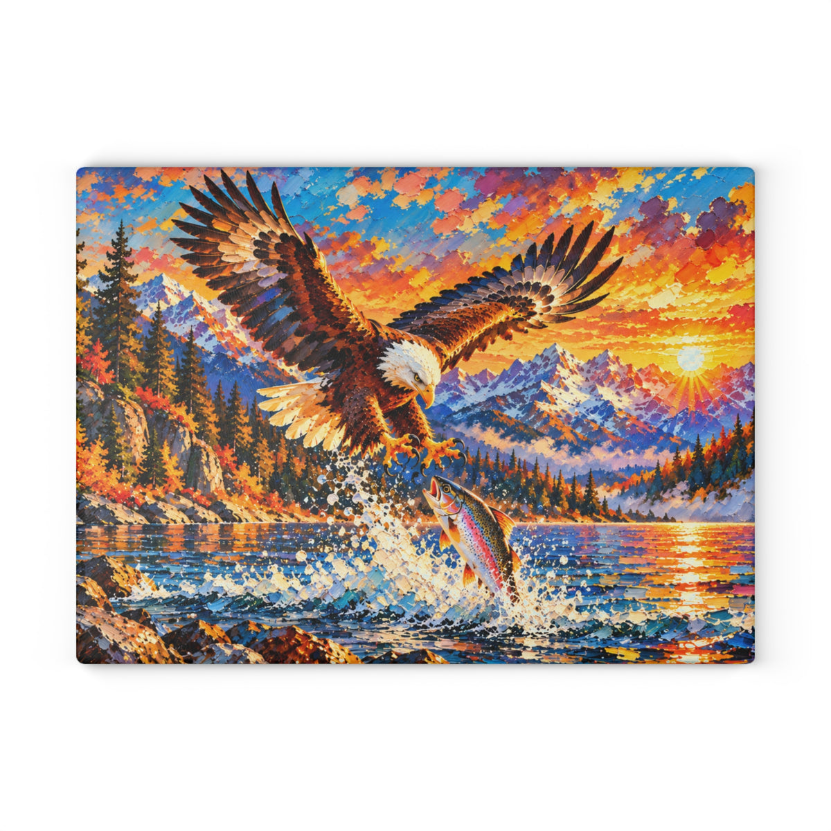 Majestic Bald Eagle & Leaping Trout – Colorful Mountain Sunset Tempered Glass Cutting Board – Wildlife & Nature Kitchen Decor